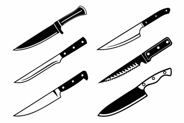Six Different Types of Kitchen Knives Set, Black and White Vector Illustration