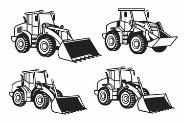 Four Wheel Loader Collection: Black and White Vector Illustration