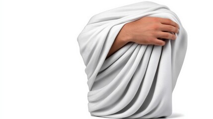 Hidden in the Fabric: A hand emerges from a swathe of white cloth, creating a sense of mystery and intrigue. The sculpture's smooth, white surface evokes a feeling of purity and elegance.