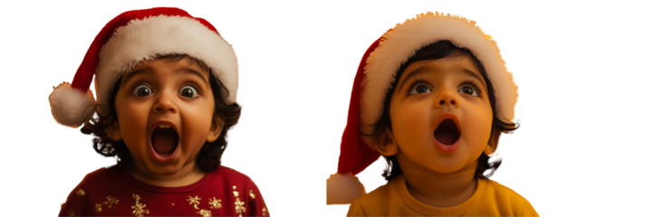 Set of a, A surprised toddler wearing a Santa hat, with an excited expression, isolated on a transparent background.