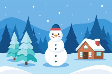 Cute Snowman in Winter Wonderland Scene, Flat Style Illustration