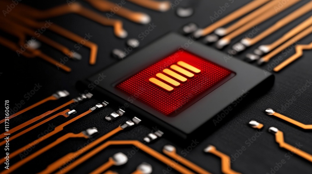 Poster powering the future: close-up shot of a microchip with a glowing red battery indicator, symbolizing 