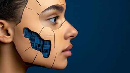 Cybernetic Beauty: A close-up portrait of a young woman with a mesmerizing cyberpunk aesthetic. Her face is partially revealed, showcasing intricate circuitry and a futuristic design.