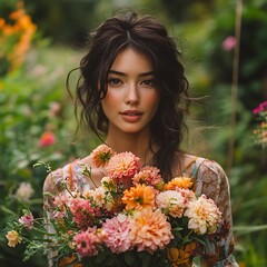 Naklejka premium Young Woman with Lush Bouquet of Colorful Flowers in a Vibrant Garden Setting, Soft Natural Light Highlighting Features and Floral Arrangement