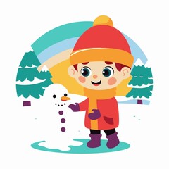 Cute Boy Building Snowman Winter Fun Cartoon Illustration