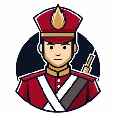 Serious Military Officer, Red Uniform, Flat Design Illustration