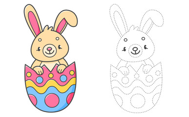 Trace and color coloring book with rabbit in the Easter egg for kids. Coloring page with cartoon bunny. Vector illustration.