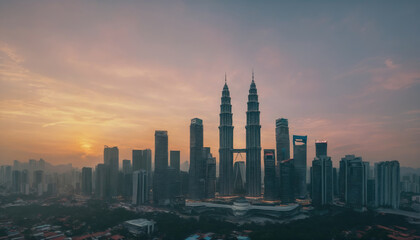City skyline at sunset featuring iconic skyscrapers under a vibrant sky in Kuala Lumpur