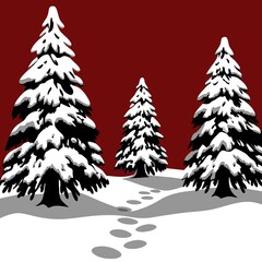 Obraz premium Snowy Winter Landscape with Footprints, Three Pine Trees, Red Background