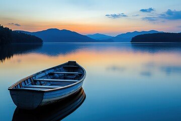 Fototapeta premium Tranquil Lakeside Sunset with Antique Boat