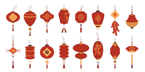 Set of Chinese lanterns or vector China decorations. Icon collection of Asian decoration or eastern lamp clipart. Traditional decor for holiday celebration CNY. New year ornament, festoon for Asia.