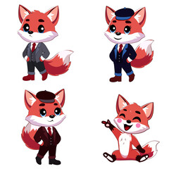 This image shows a cute cartoon fox character in four poses. The fox is red with a fluffy tail and wears stylish suits in gray, blue, and brown, with hats in some. In one pose, it sits happily pointin