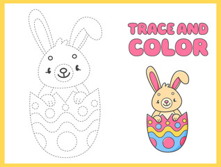 Trace and color coloring book with rabbit in the Easter egg for kids. Coloring page with cartoon bunny. Vector illustration.