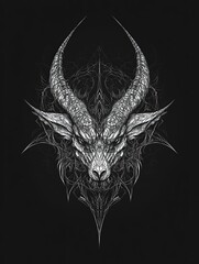 Obraz premium Monochrome illustration of a demonic goat head surrounded by intricate, thorny details against a black background.