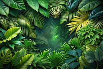 Exotic foliage forms a vibrant border, a lush tropical leaf wallpaper for summer.
