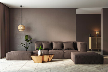 Modern living room with a brown sofa, wooden coffee table, and soft lighting. 3D Rendering