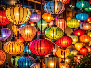 Colorful Illuminated Chinese Lanterns Hanging in Darkness - Festive Night Lights
