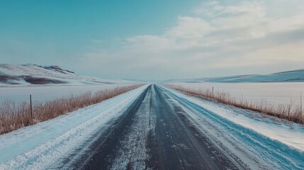 Snow-covered road stretching into a serene winter landscape.