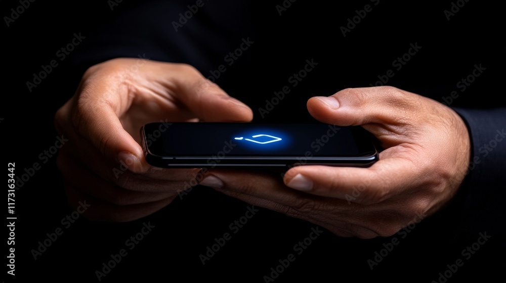 Poster digital connection: close-up of hands holding a smartphone with a glowing blue icon, representing di