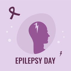 Epilepsy Day vector with a silhouette of a person, a lightning bolt and a purple ribbon as a sign of support for people suffering from epilepsy. Epilepsy awareness illustration. Template eps 10.