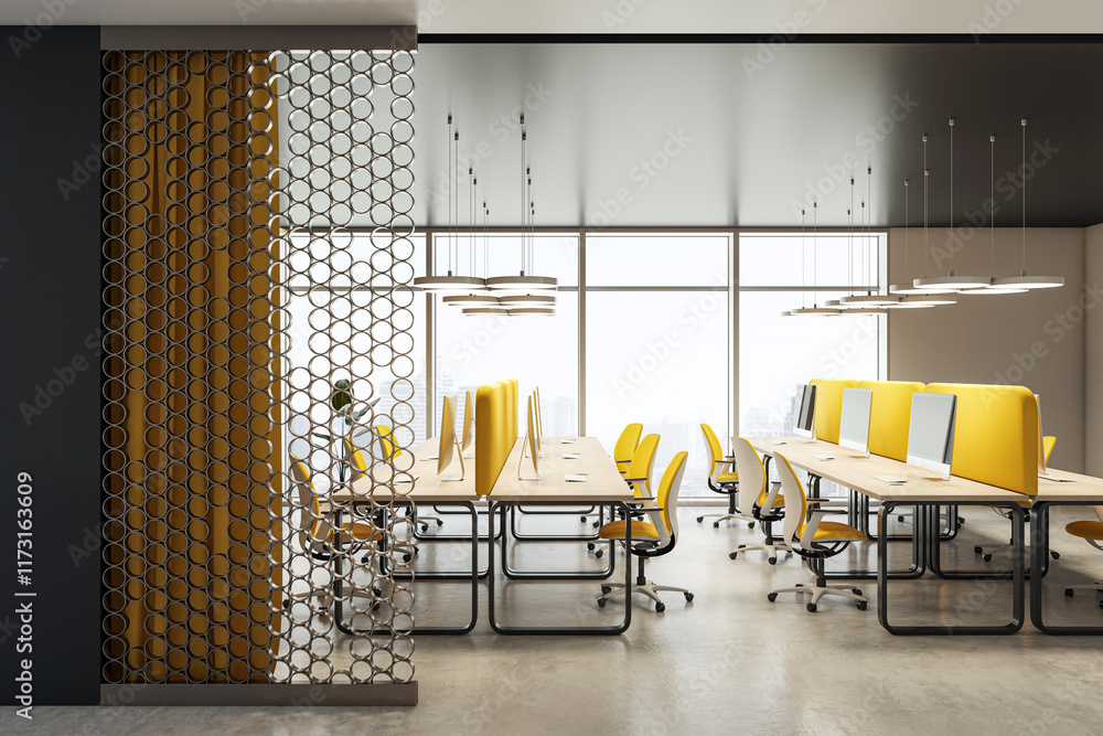 Poster modern coworking office interior with yellow chairs, long desks, and computers, featuring a decorati