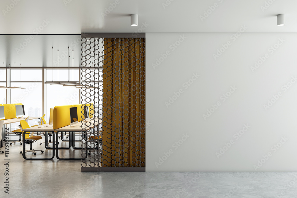 Poster modern office space with yellow chairs and computer desks, featuring a decorative wall panel and bla