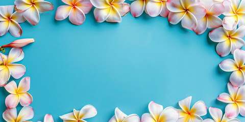 Beautiful frame of frangipani flowers creating copy space on a turquoise background, perfect for summer and tropical themed designs