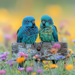Obraz premium Blue parrots perched on weathered wood in flower field