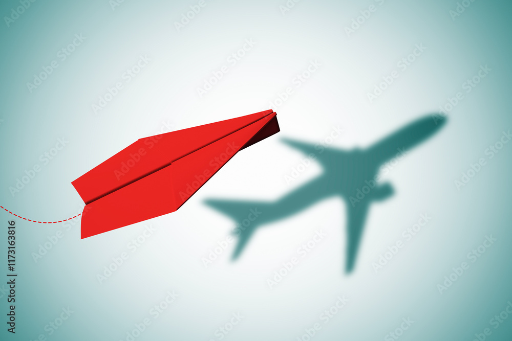Poster Red paper plane with shadow of an airplane on a gradient background. 3D Rendering
