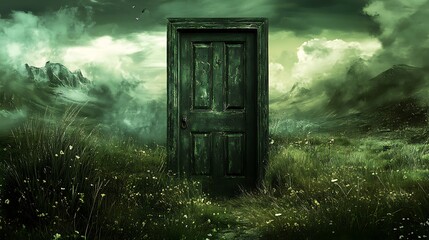 An Imaginary Door Standing Alone in the Mountains, Opening to Infinite Possibilities and Majestic Views