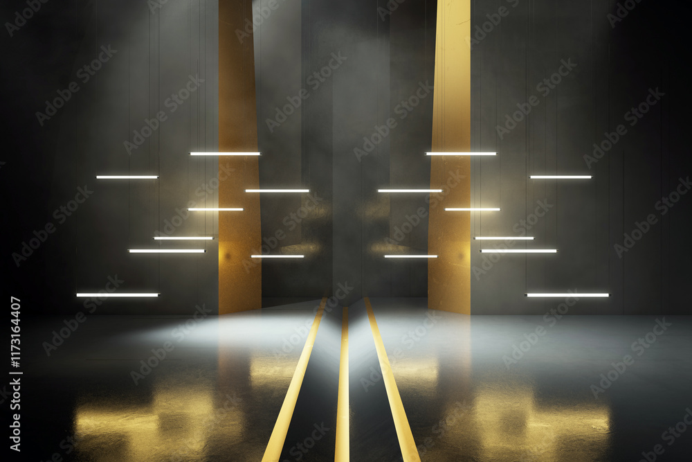 Poster abstract modern interior with hanging linear lights in a dark room. 3d rendering