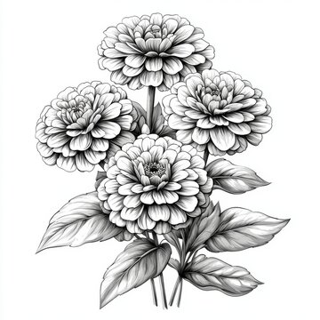 monochrome zinnia flowers bouquet on white clip art preview