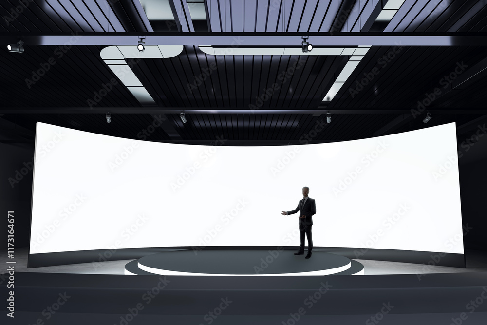 Poster modern presentation stage with a businessman in front of a curved blank digital screen in a dark, co