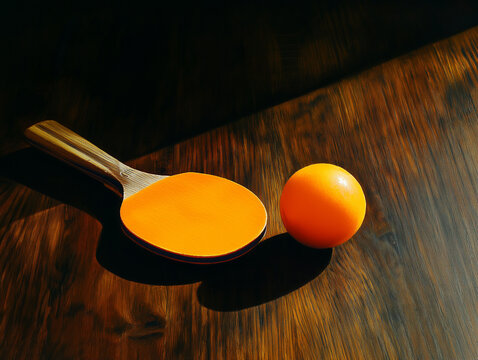 Tischtennisschl&auml;ger und Ball auf einer rustikalen Holzoberfl&auml;che

