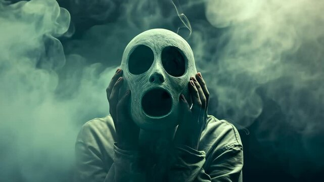 Person in Scary Screaming Mask Clutching Face in Thick Green Smoke