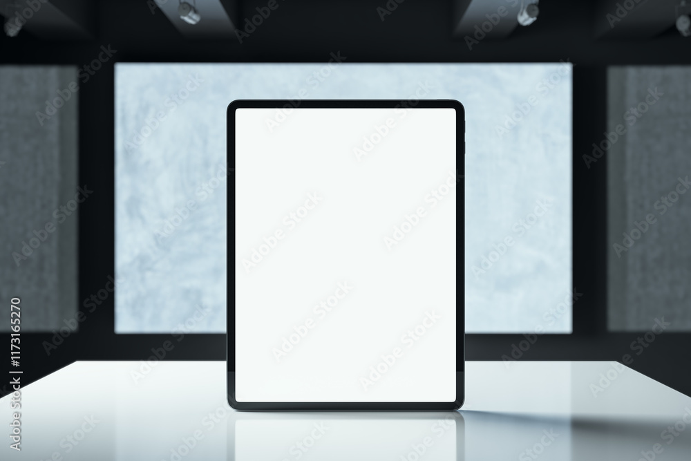 Poster blank tablet screen displayed on a reflective podium in a modern, dimly lit background, highlighting