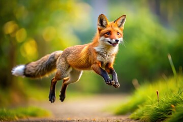 Fototapeta premium Funny Jumping Fox, Tilt-Shift Photo, Adorable Wildlife, Cute Animal, Isolated Fox Image, Full Body Fox Jump