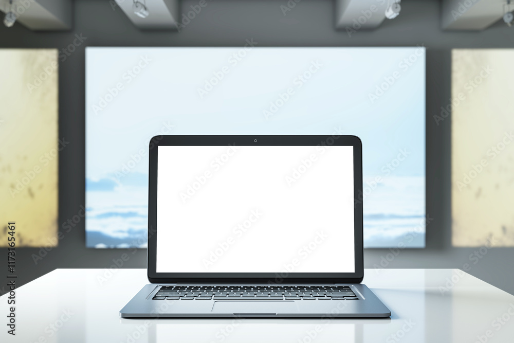 Poster Laptop with blank white screen on desk in front of abstract background. 3D Rendering