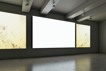 Blank displays in modern gallery room with dark ceiling and concrete floor, illuminated by spotlights. 3D Rendering