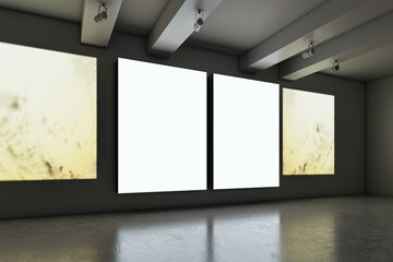 Contemporary gallery interior with three illuminated blank digital screens on dark walls, showcasing a modern exhibition space concept. 3D Rendering