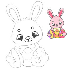 Trace and color coloring book with pink rabbit with Easter eggs for kids. Coloring page with cartoon bunny. Vector illustration.