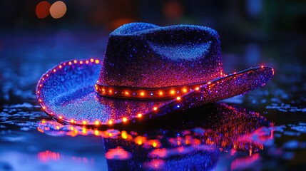 A vibrant, illuminated cowboy hat resting on a reflective surface.