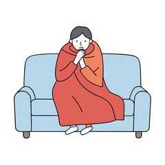 Person Wrapped in Blanket on Sofa Feeling Cold, Sick, Sad
