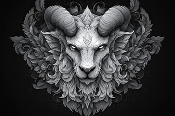Monochrome illustration of a majestic ram's head adorned with intricate floral designs, set against a dark background.