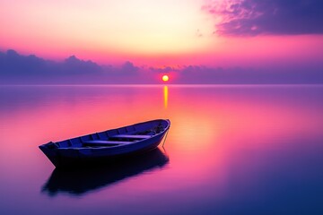 Naklejka premium Serene Sunrise Over Water with a Small Boat