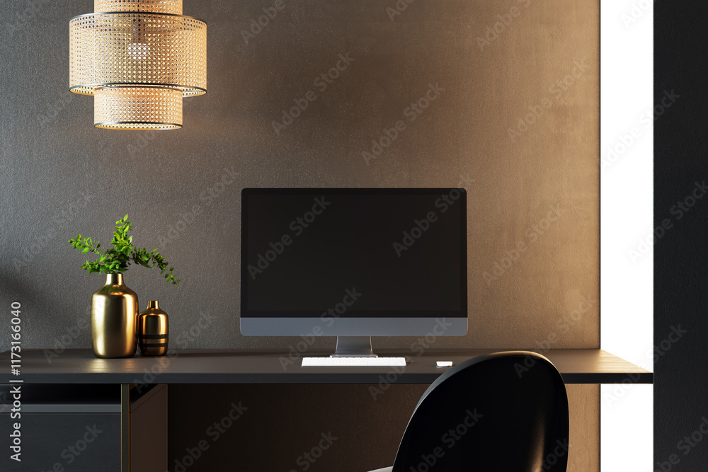 Poster minimalistic workspace with desktop computer, keyboard, mouse, and decorative vases on a wooden desk