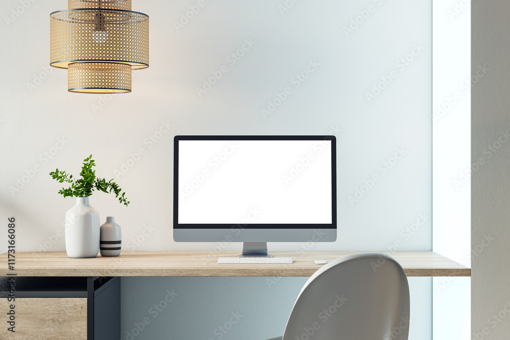 Poster Minimalist desktop setup with blank display and modern decor on wooden desk in bright room. 3D Rendering