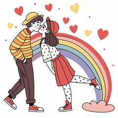 Cute Couple Kissing Under Rainbow, Love Illustration