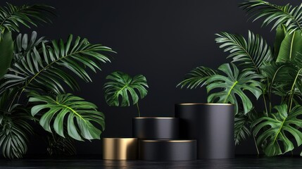 Obraz premium Dark Green Tropical Paradise Display with Black and Gold Cylinders