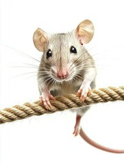 A close-up of a mouse perched on a rope, showcasing its features and curious expression.